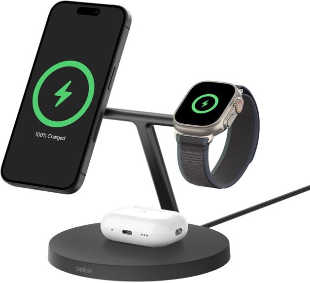 Belkin BoostCharge Pro 3-in-1 Qi2 15W Trådlöst laddningsstativ - Svart (Fyndvara klass 1)