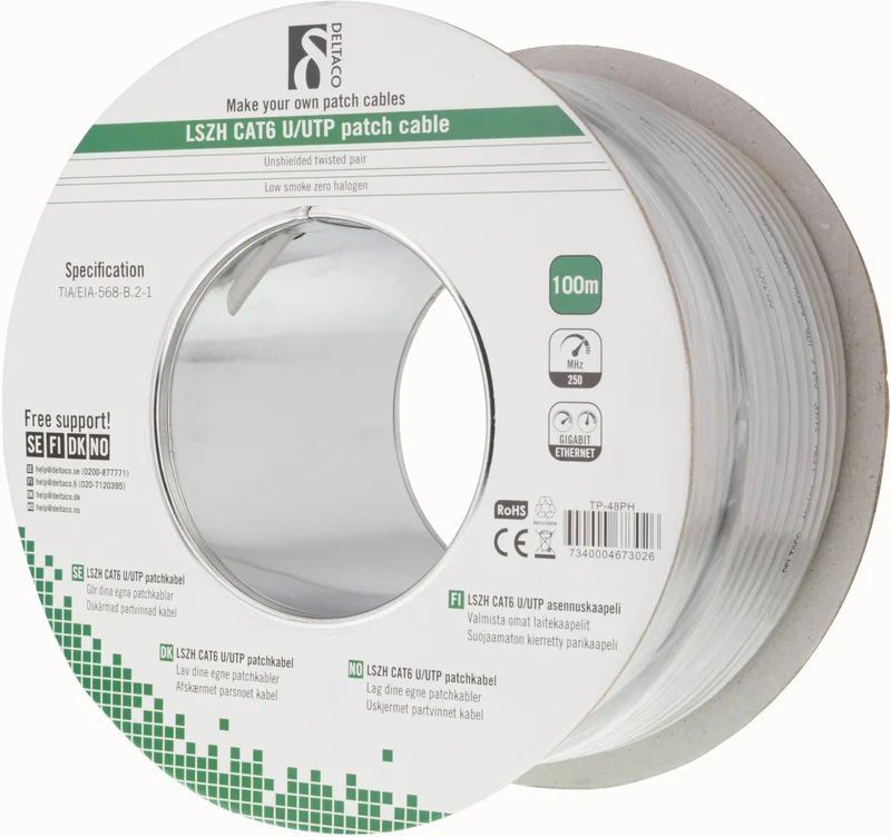Product Image for Deltaco UTP Cat6 patchkabel (Trumma) / 100m - Grå