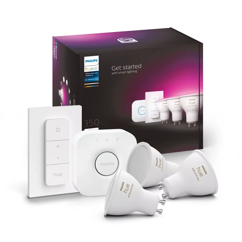 Product Image for Philips Hue White and Color Ambience 4,3W / GU10 / Startpaket inkl. 3st ljuskällor + brygga + dimmer - Philips Hue Armaturer | Webhallen