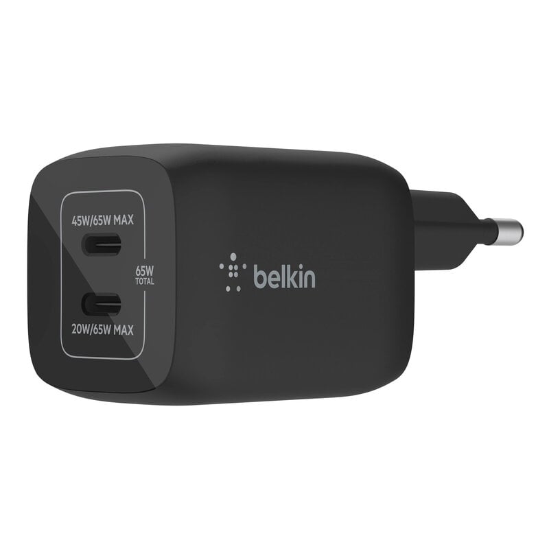 Belkin - 65W GaN Dual PD/PPS mini snabbladdare för laptop, mobil, surfplatta - Svart