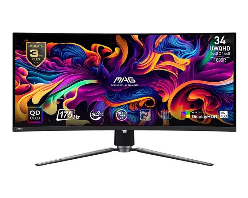 Product Image for MSI MAG 341CQP QD-OLED Curved / 34" / OLED / 3440x1440 / 175 Hz / 2xHDMI,DP,USB-C / Adaptive-Sync / - Gamingskärm | Webhallen