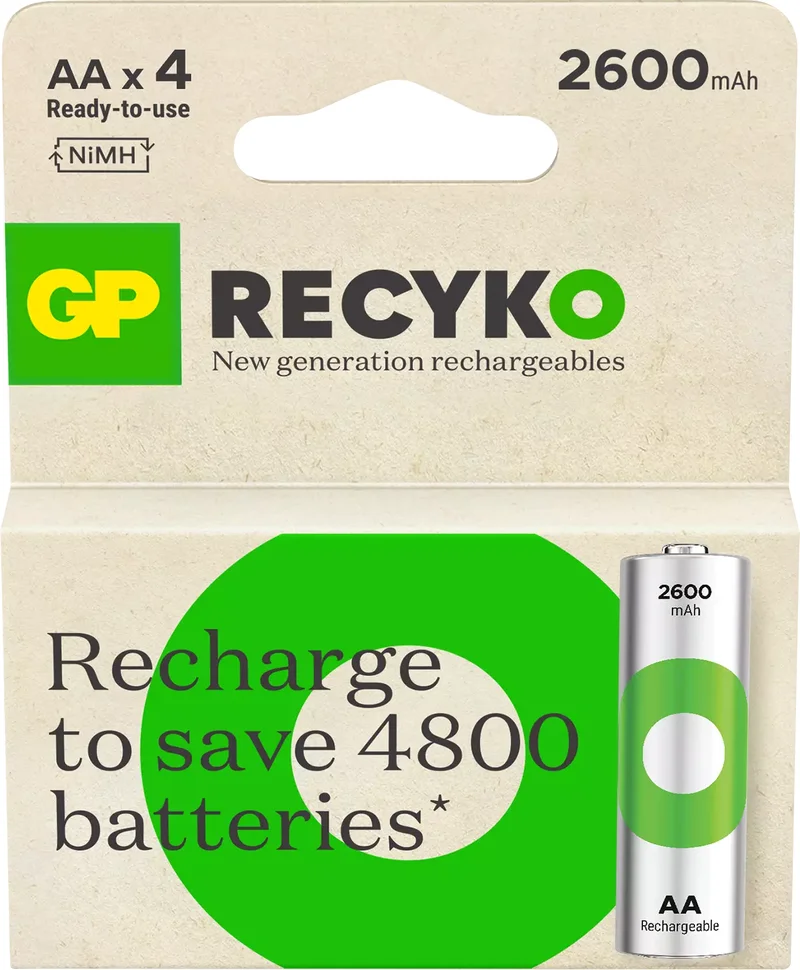 Product Image for GP ReCyko AA-batteri 2600mAh Uppladdningsbart 4-pack