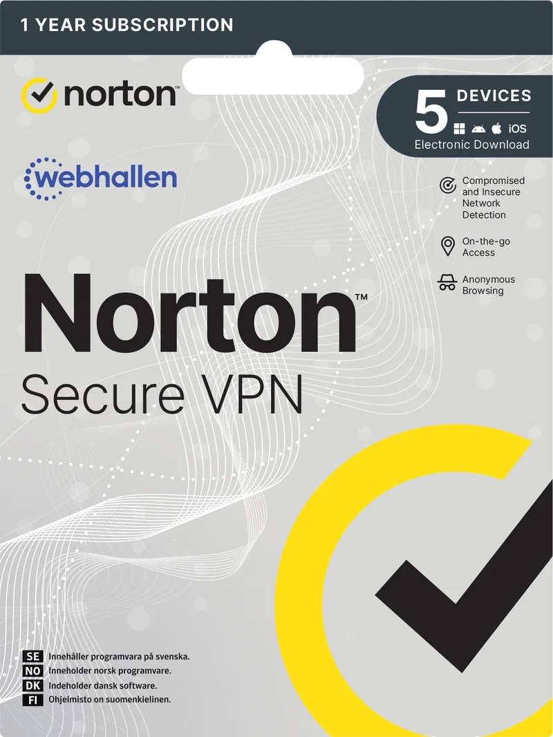 Product Image for Norton Secure VPN / 1 år / 5 Enheter - Scratch card - Antivirusprogram & Säkerhetsprogram | Webhallen