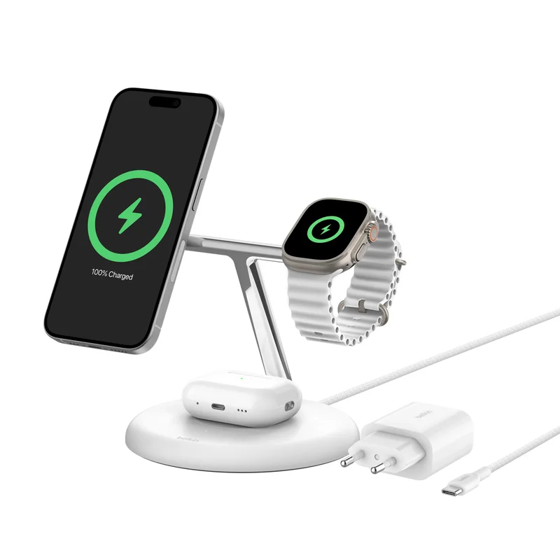 Product Image for Belkin 3-in-1 Flex Wireless Charging Stand with Qi2 Magnetic 15w - White - Trådlös laddning & Laddstationer | Webhallen