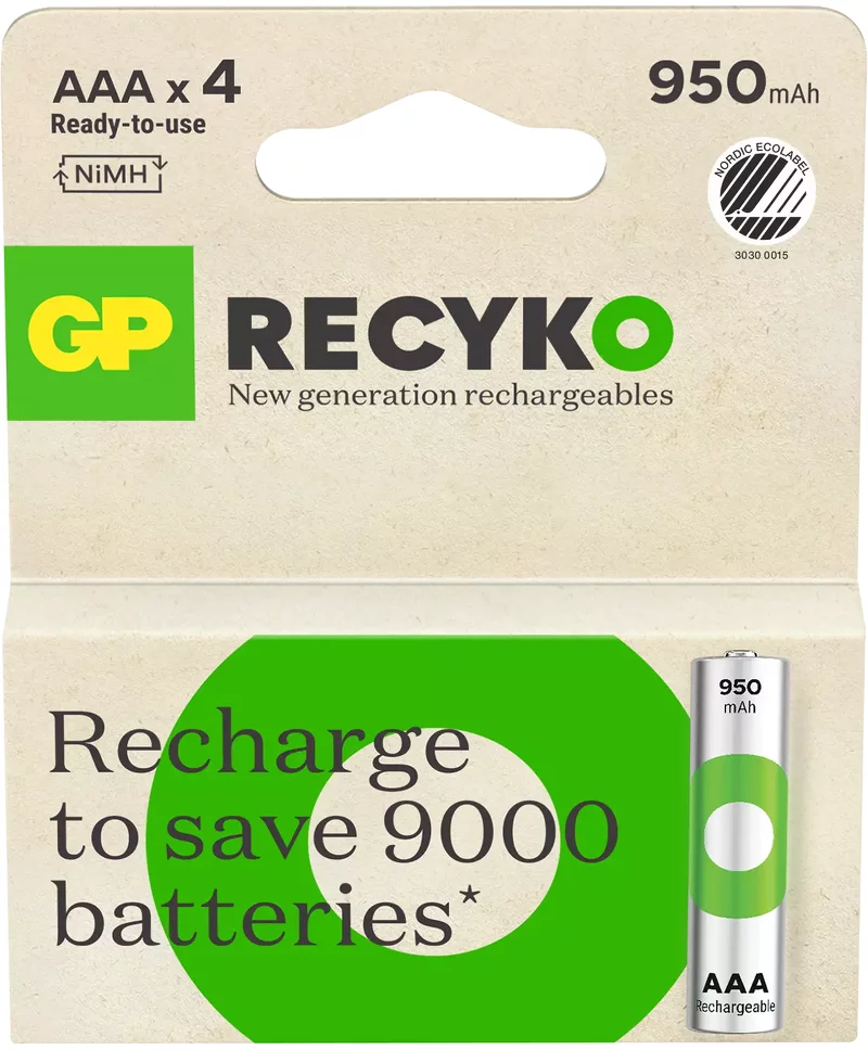 Product Image for GP ReCyko AAA 950mAh NiMH Uppladdningsbart Batteri - 4-pack