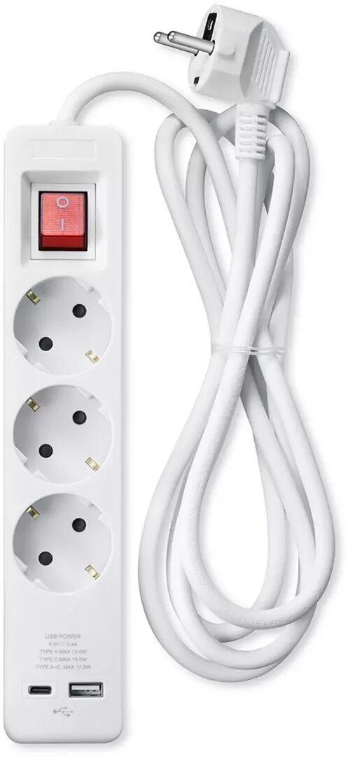 Andersson PWS-C2000 Grenuttag x3 / USB-A / USB-C / 1,5m - Vit