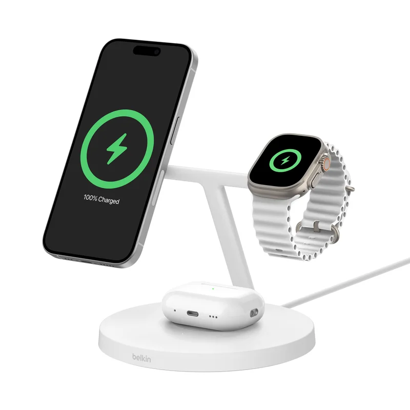 Product Image for Belkin BoostCharge Pro 3-in-1 Qi2 15W Trådlöst laddningsstativ - Vit - Trådlös laddning & Laddstationer | Webhallen