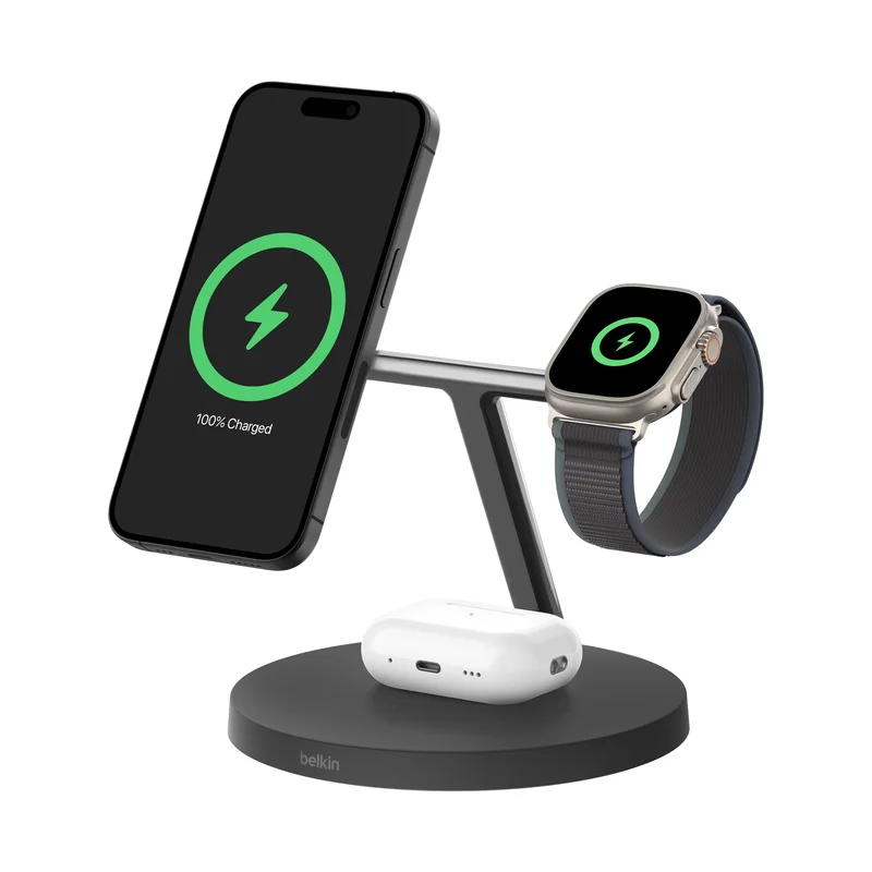 Product Image for Belkin BoostCharge Pro 3-in-1 Qi2 15W Trådlöst laddningsstativ - Svart - Trådlös laddning & Laddstationer | Webhallen