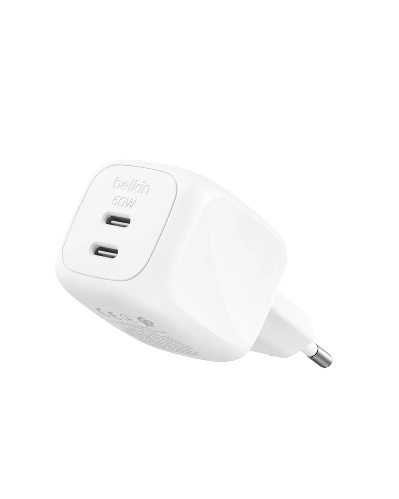 Product Image for Belkin 50W Dual USB-C PD GaN Wall Charger with PPS - White - Strömadapter | Webhallen