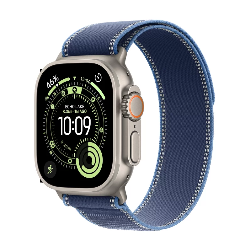 Product Image for Apple Watch Ultra 3 GPS + Cellular 49mm Natural Titanium Case med Blue/Bright Blue Trail Loop - S/M
