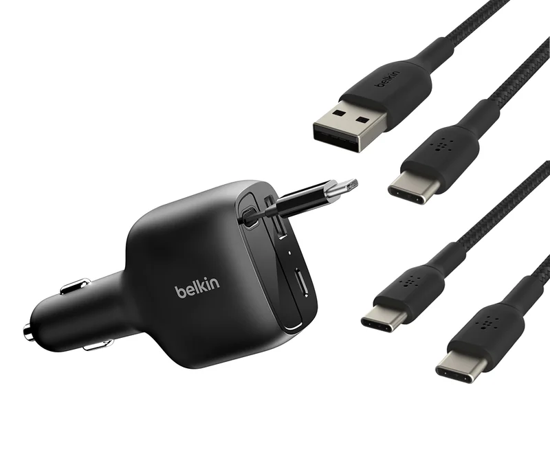 Product Image for Belkin Utrullningsbar billaddare 75W + Belkin USB-C till USB-C (1m) / USB-A till USB-C (1m) - Bilhållare | Webhallen
