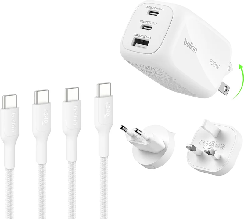 Product Image for Belkin BoostCharge Pro 100W + 2x Belkin BoostCharge USB-C till USB-C (2m) - Alla laddare & kablar | Webhallen