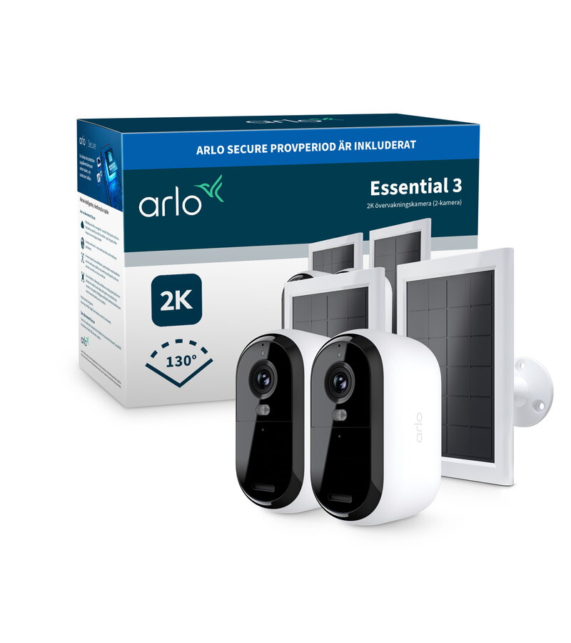 Arlo Essential 3 2K Utomhus övervakningskamera med solcellspanel 2-pack