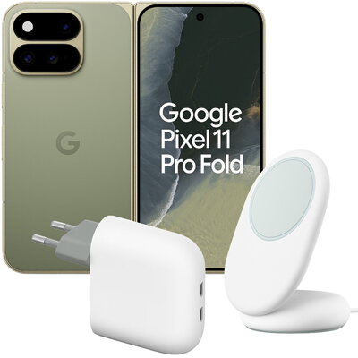 Google Pixel 11 Pro Fold 256GB Olive + Google Pixelsnap med ställ / Qi2 Snow + Google Pixel Flex USB-C-snabbladdare / 67W Snow