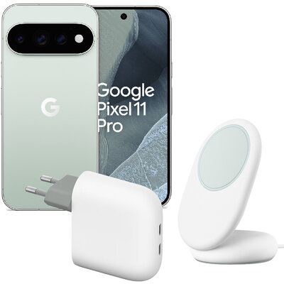 Google Pixel 11 Pro 256GB Fog + Google Pixelsnap med ställ / Qi2 Snow + Google Pixel Flex USB-C-snabbladdare / 67W Snow
