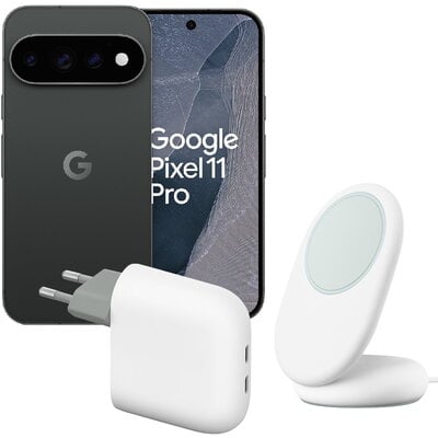 Google Pixel 11 Pro 256GB Obsidian + Google Pixelsnap med ställ / Qi2 Snow + Google Pixel Flex USB-C-snabbladdare / 67W Snow