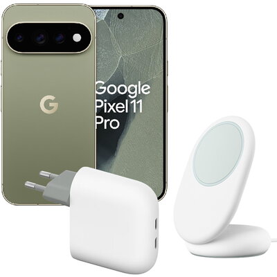 Google Pixel 11 Pro 256GB Olive + Google Pixelsnap med ställ / Qi2 Snow + Google Pixel Flex USB-C-snabbladdare / 67W Snow